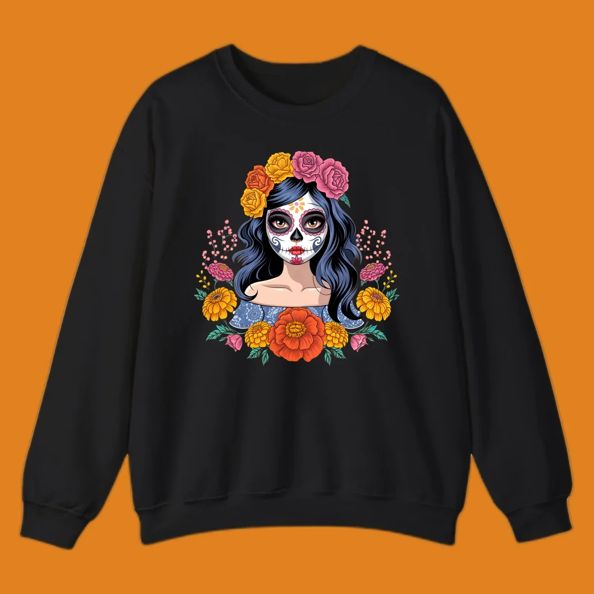 Illustration of a woman with calavera face paint and a vibrant floral crown of roses and marigolds.