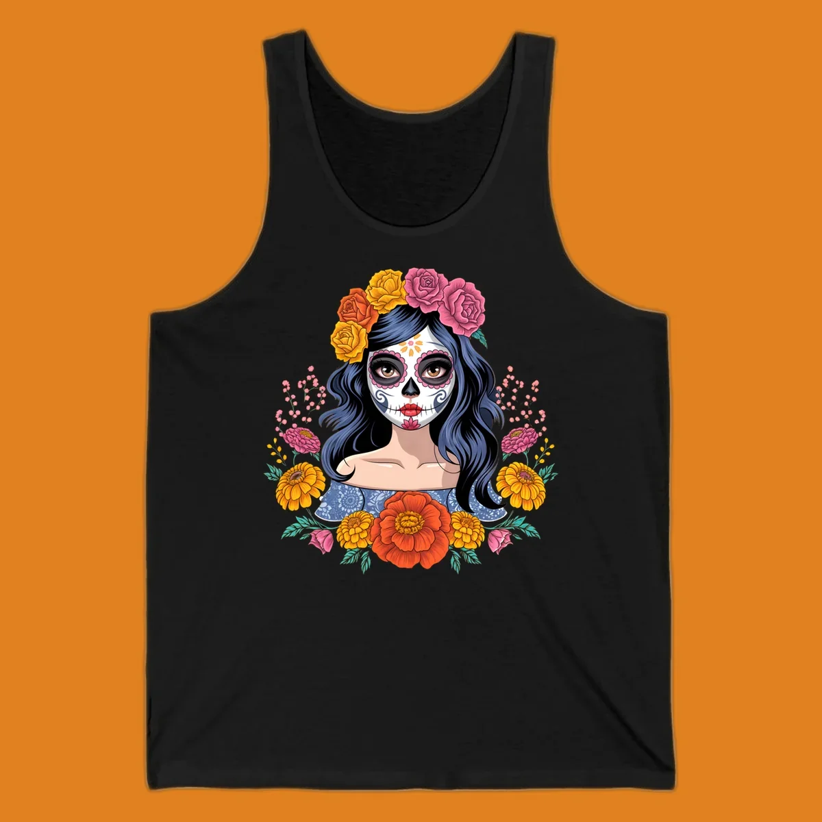 Illustration of a woman with calavera face paint and a vibrant floral crown of roses and marigolds.