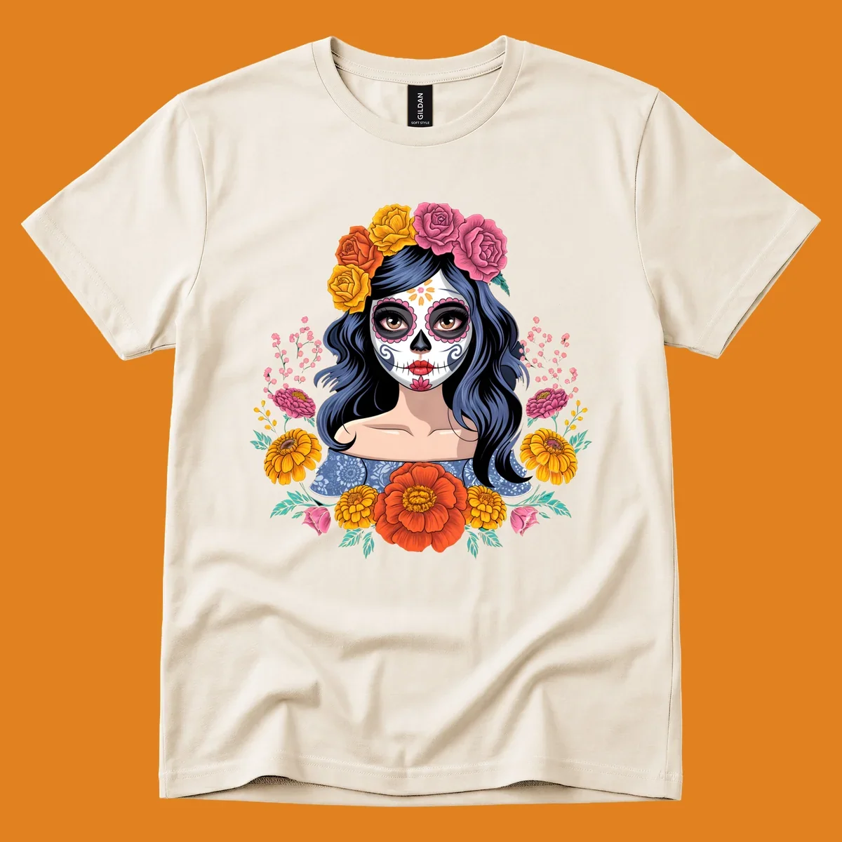 Illustration of a woman with calavera face paint and a vibrant floral crown of roses and marigolds.