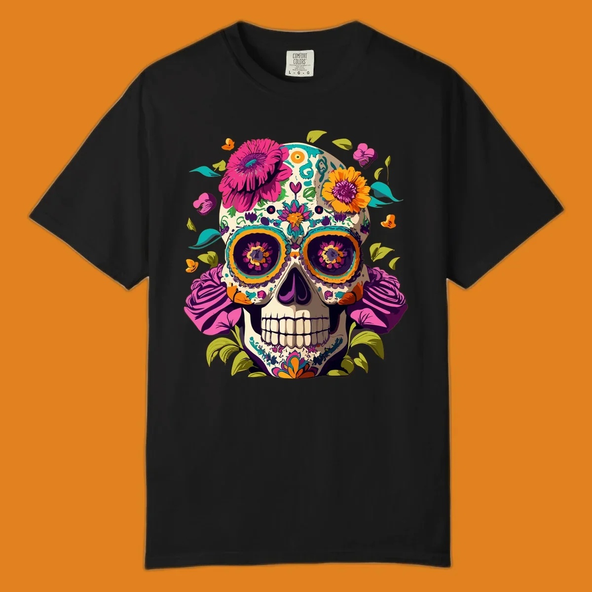 A vibrant floral sugar skull design, a calavera adorned with colorful pink, orange, yellow, and teal flowers and leaves.