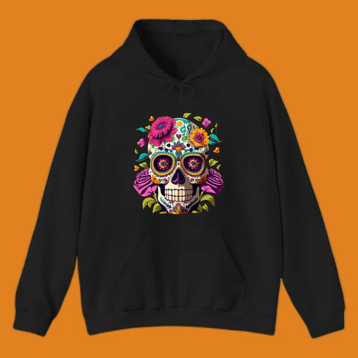 A vibrant floral sugar skull design, a calavera adorned with colorful pink, orange, yellow, and teal flowers and leaves.
