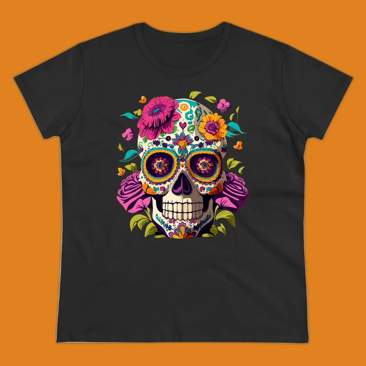 A vibrant floral sugar skull design, a calavera adorned with colorful pink, orange, yellow, and teal flowers and leaves.
