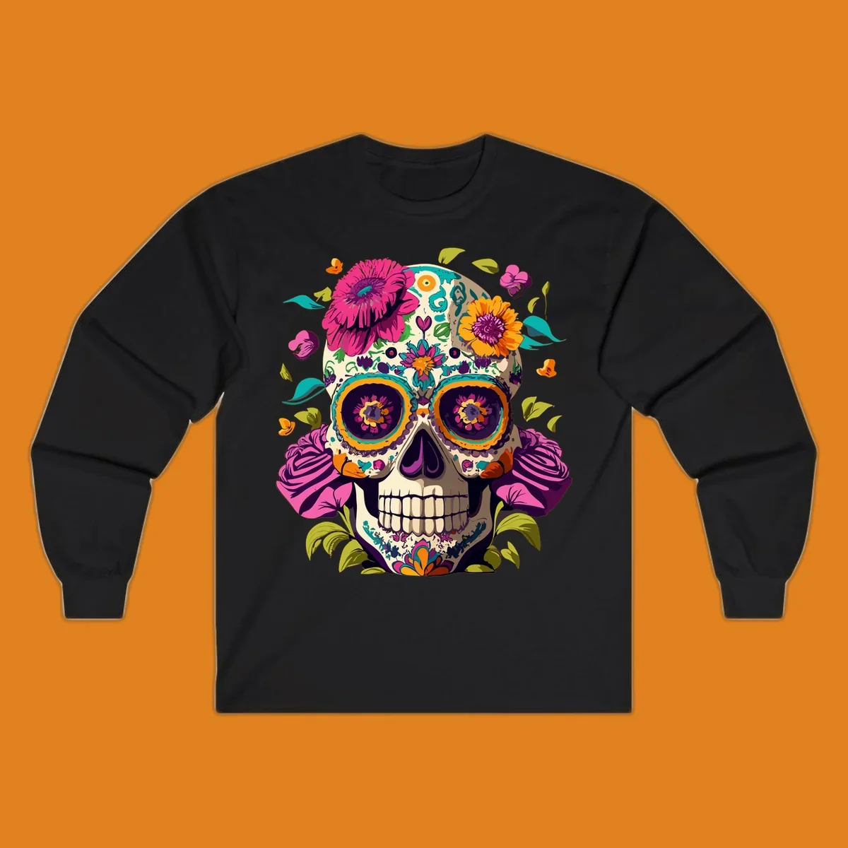 A vibrant floral sugar skull design, a calavera adorned with colorful pink, orange, yellow, and teal flowers and leaves.