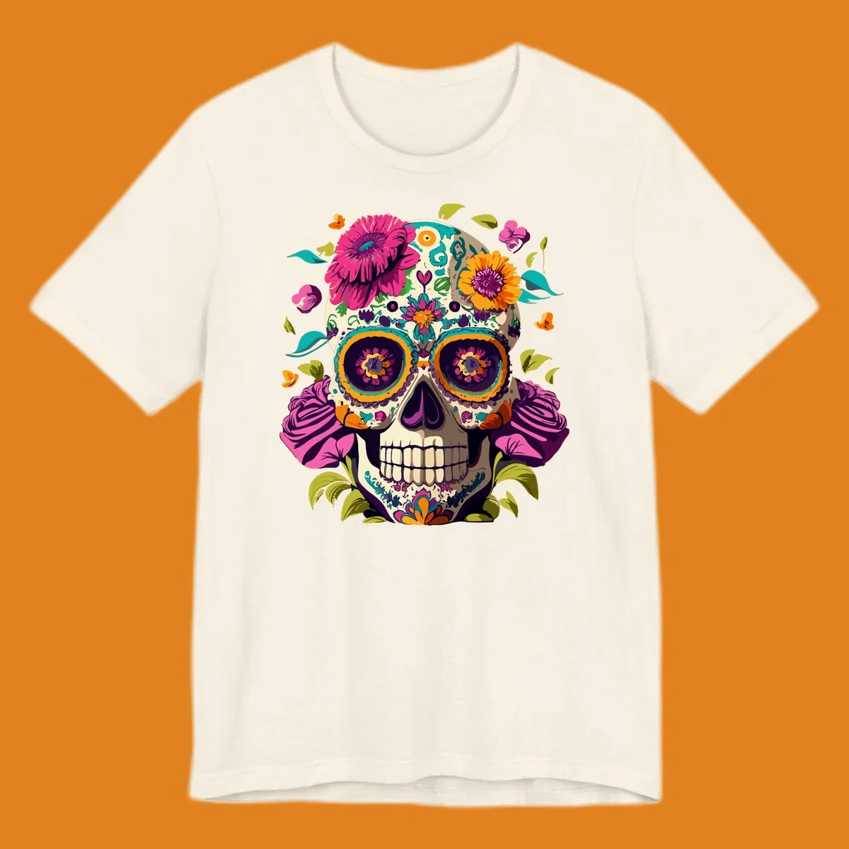 A vibrant floral sugar skull design, a calavera adorned with colorful pink, orange, yellow, and teal flowers and leaves.