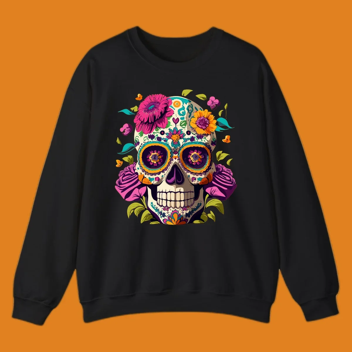 A vibrant floral sugar skull design, a calavera adorned with colorful pink, orange, yellow, and teal flowers and leaves.