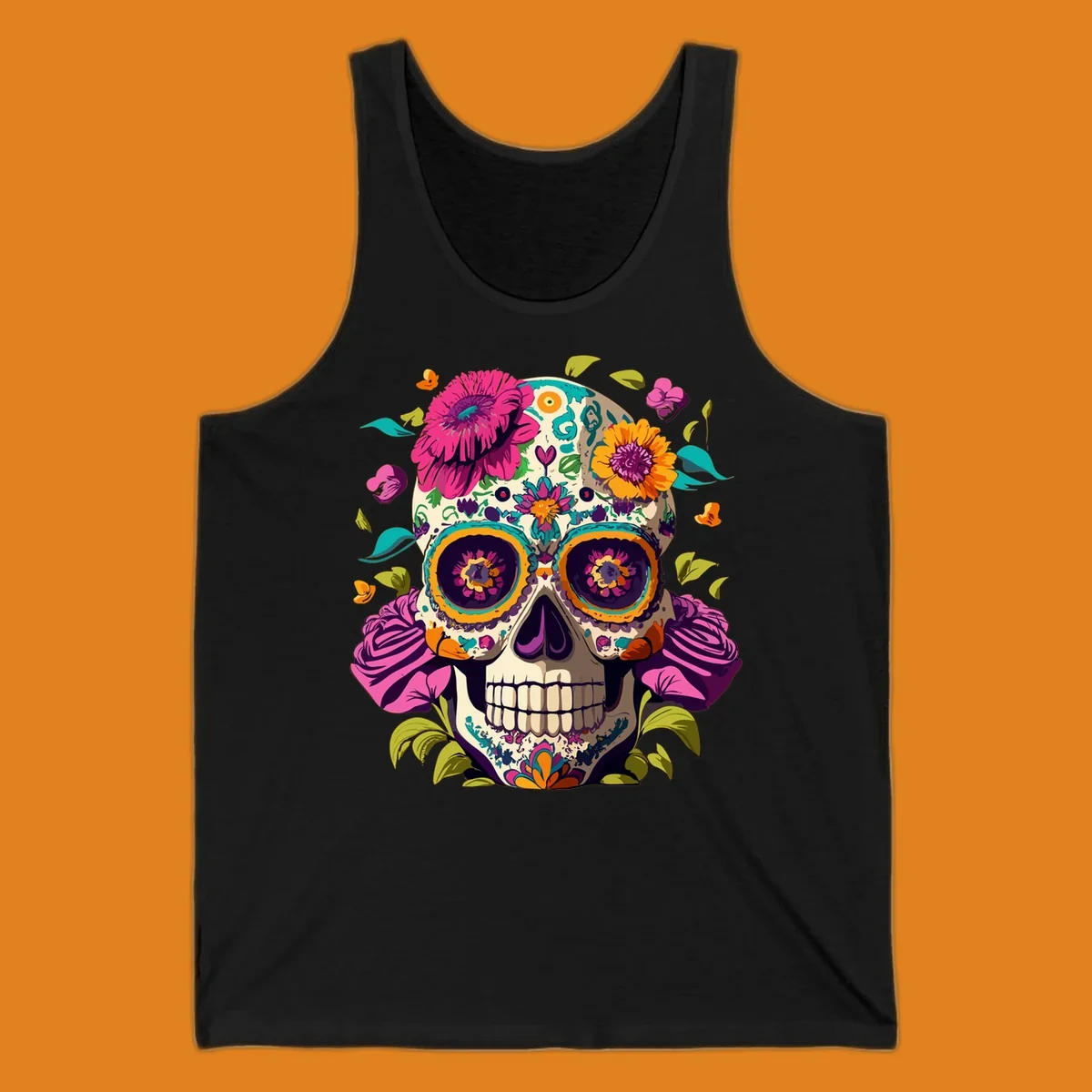 A vibrant floral sugar skull design, a calavera adorned with colorful pink, orange, yellow, and teal flowers and leaves.