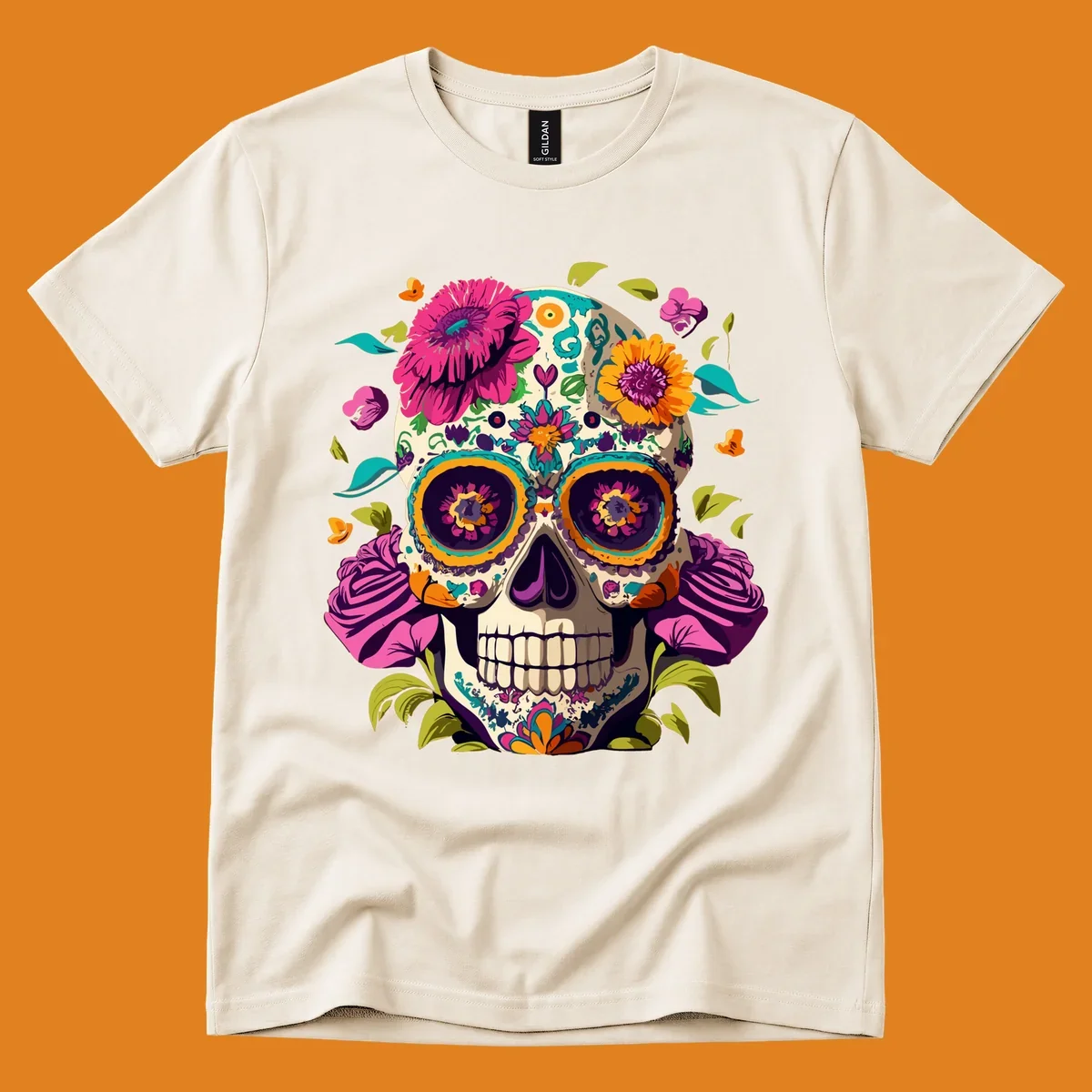 A vibrant floral sugar skull design, a calavera adorned with colorful pink, orange, yellow, and teal flowers and leaves.