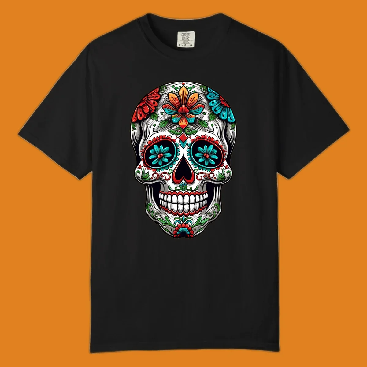 A vibrant floral calavera skull illustration, richly decorated with red, teal, orange flowers, and green leaves.