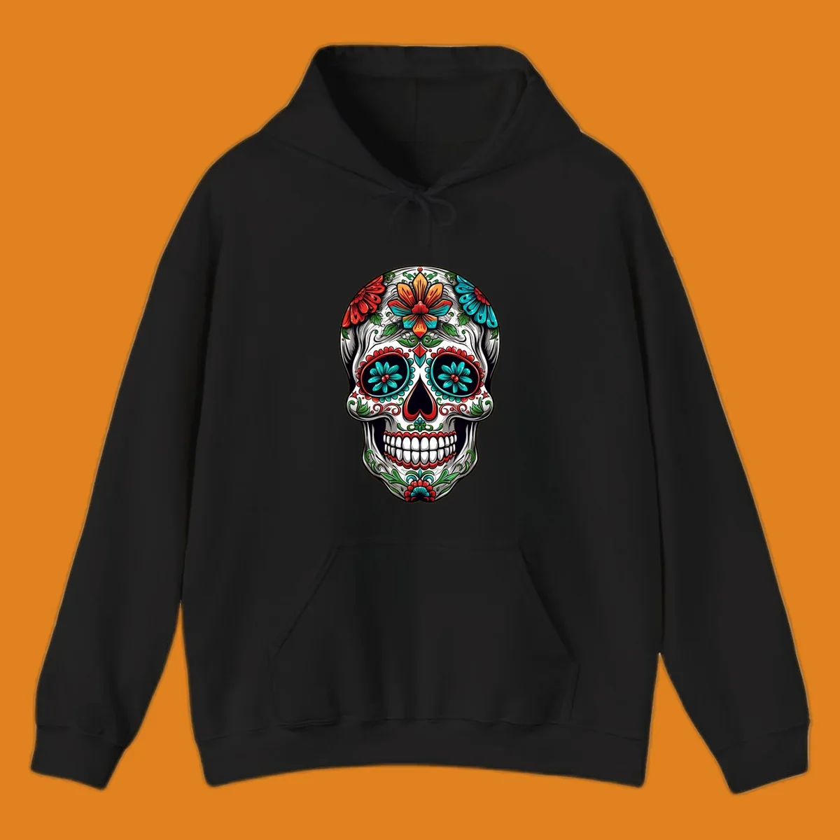 A vibrant floral calavera skull illustration, richly decorated with red, teal, orange flowers, and green leaves.