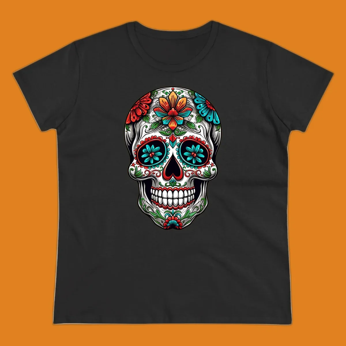 A vibrant floral calavera skull illustration, richly decorated with red, teal, orange flowers, and green leaves.