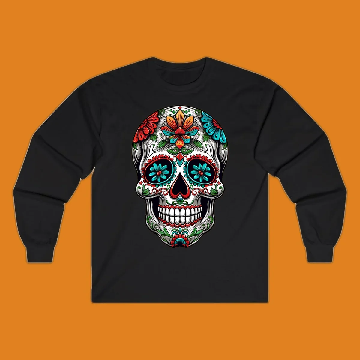 A vibrant floral calavera skull illustration, richly decorated with red, teal, orange flowers, and green leaves.