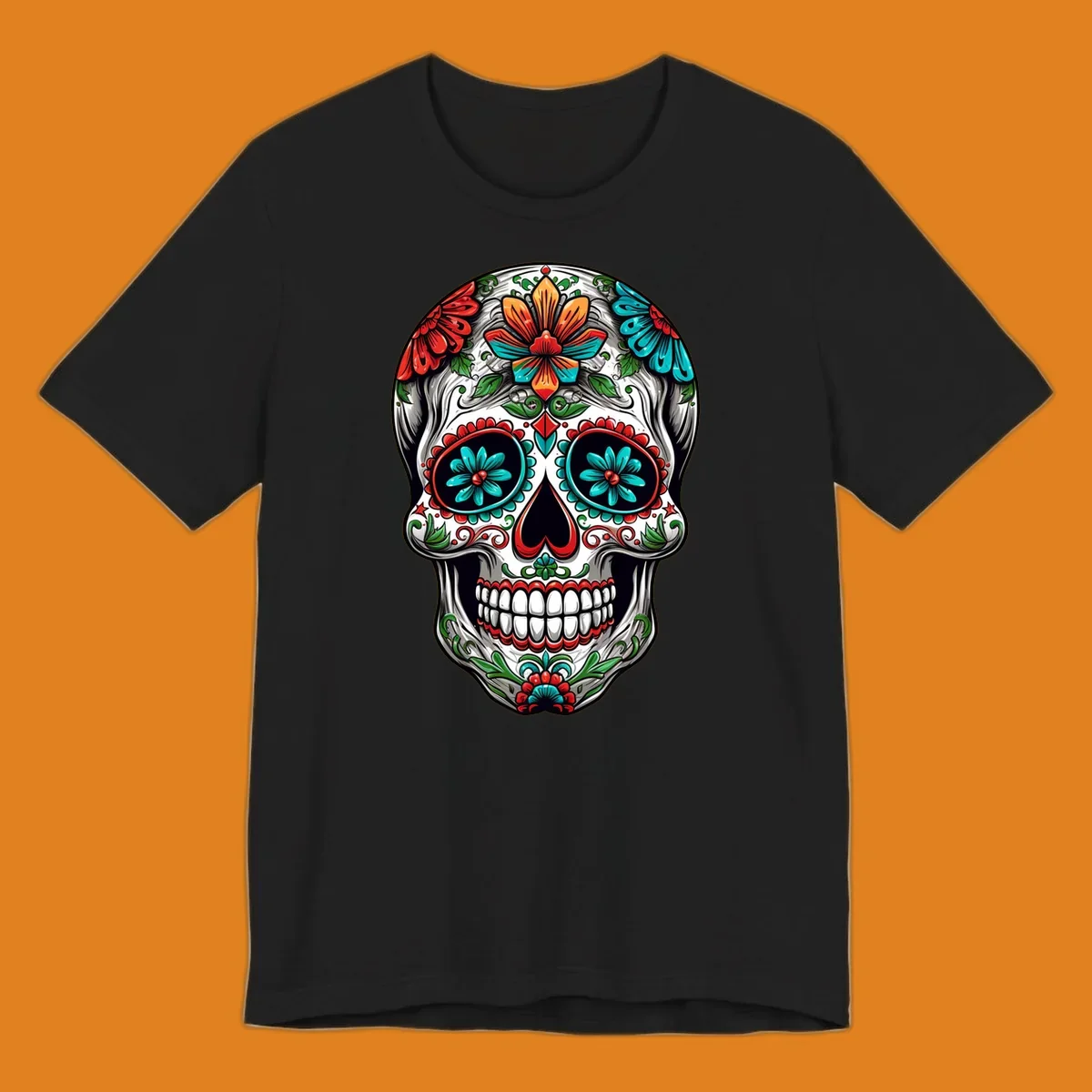 A vibrant floral calavera skull illustration, richly decorated with red, teal, orange flowers, and green leaves.