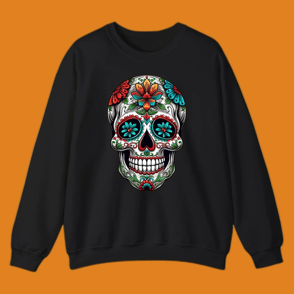 A vibrant floral calavera skull illustration, richly decorated with red, teal, orange flowers, and green leaves.