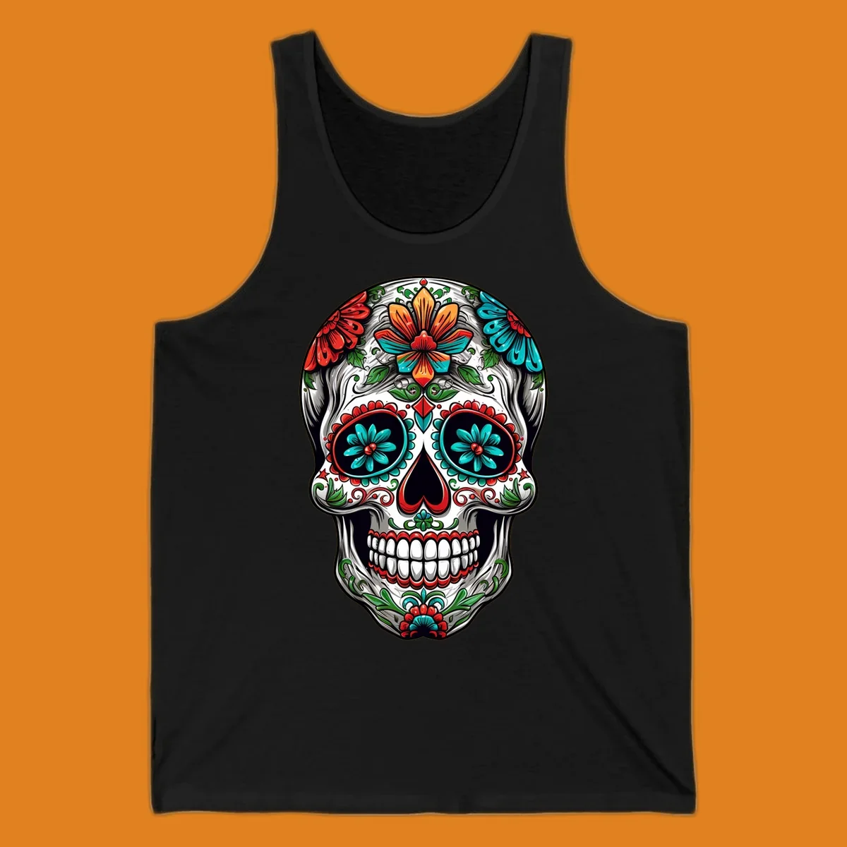 A vibrant floral calavera skull illustration, richly decorated with red, teal, orange flowers, and green leaves.