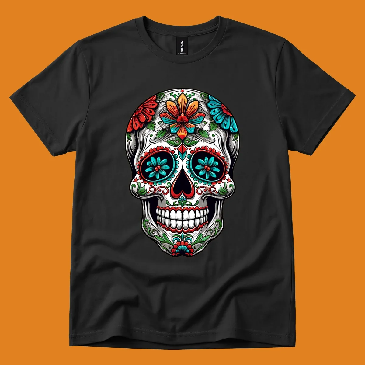 A vibrant floral calavera skull illustration, richly decorated with red, teal, orange flowers, and green leaves.