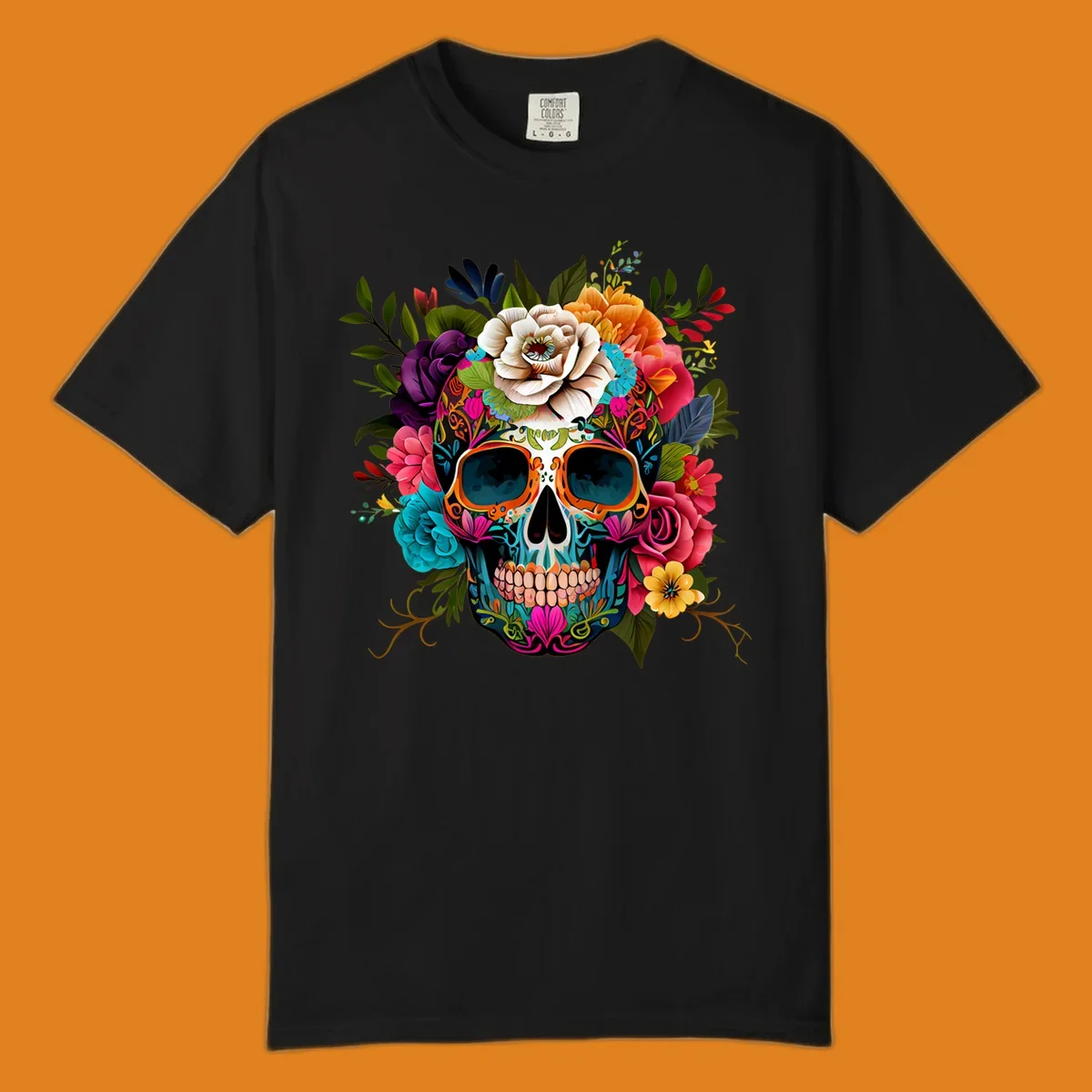 A vibrant floral calavera sugar skull design featuring intricate patterns and a crown of colorful flowers and leaves.