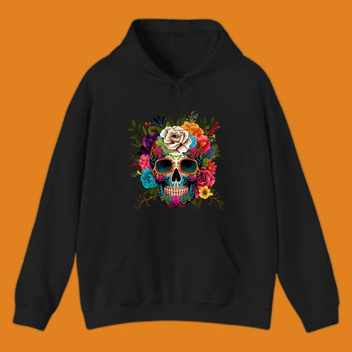 A vibrant floral calavera sugar skull design featuring intricate patterns and a crown of colorful flowers and leaves.