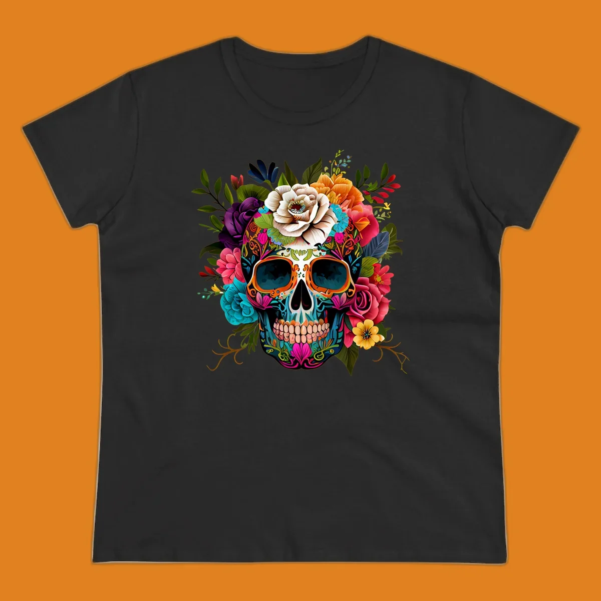 A vibrant floral calavera sugar skull design featuring intricate patterns and a crown of colorful flowers and leaves.