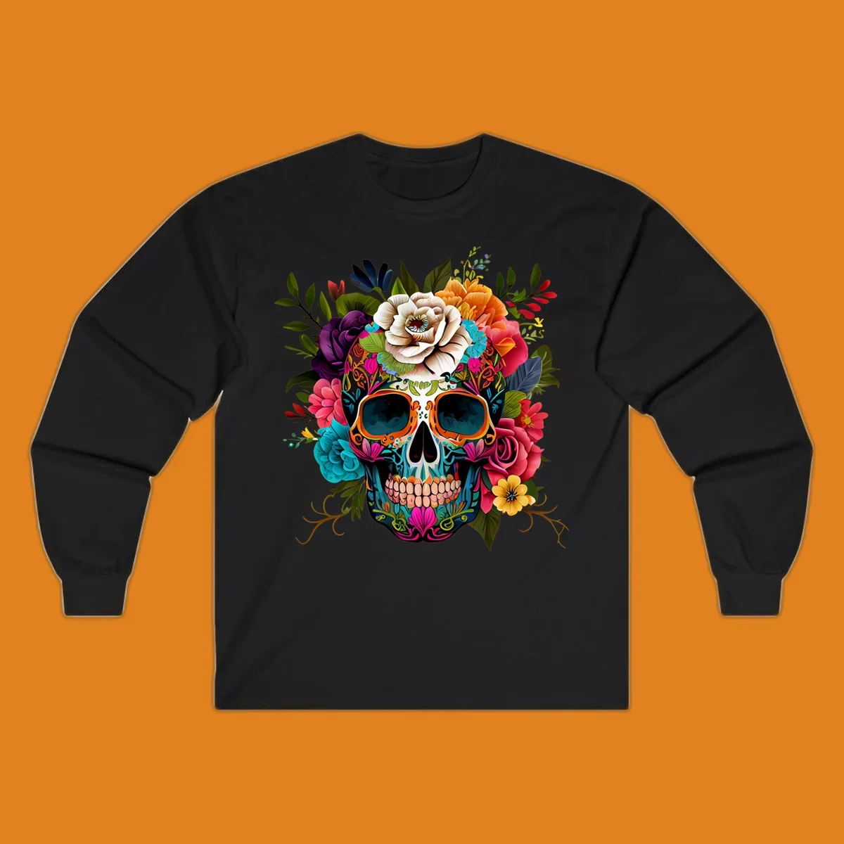 A vibrant floral calavera sugar skull design featuring intricate patterns and a crown of colorful flowers and leaves.