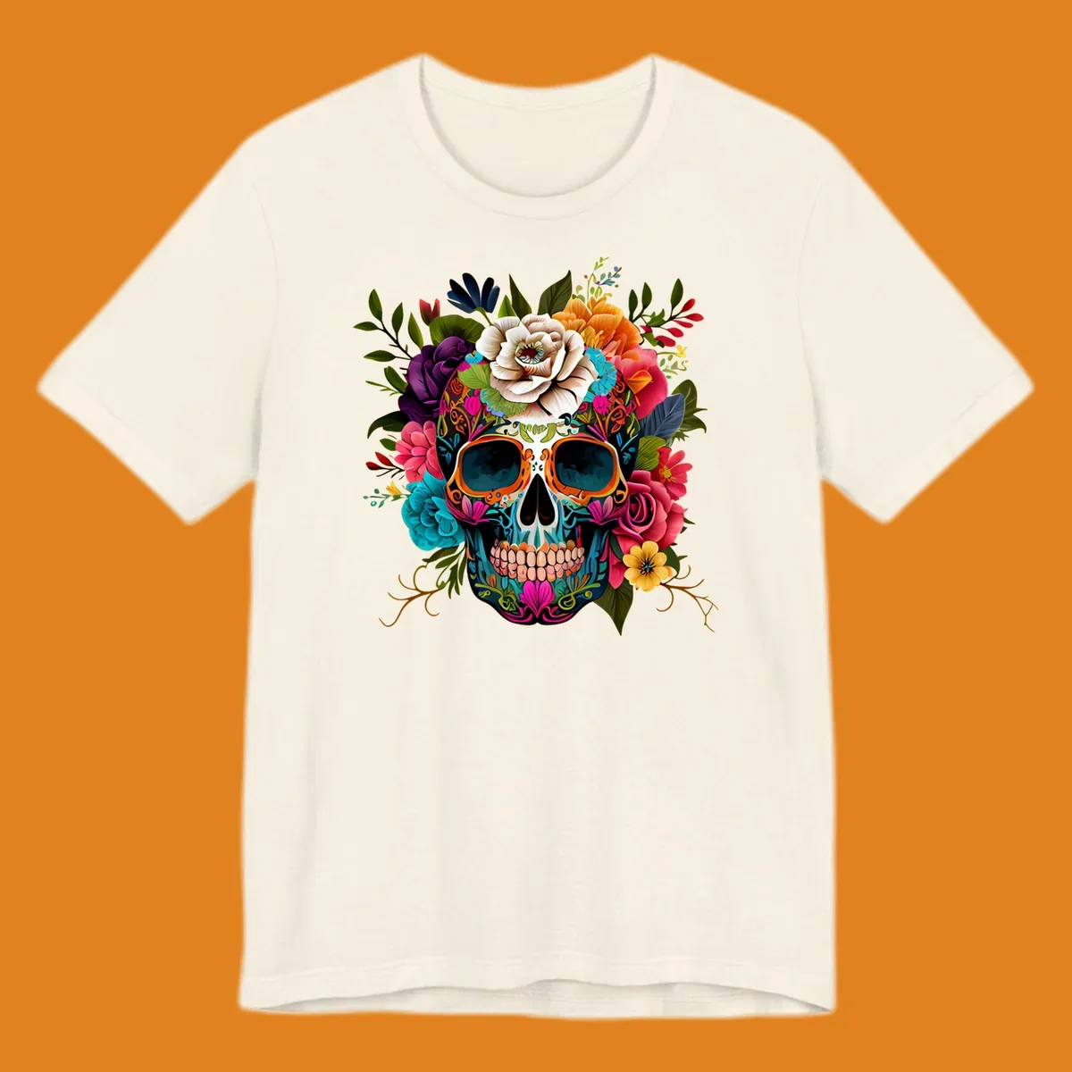 A vibrant floral calavera sugar skull design featuring intricate patterns and a crown of colorful flowers and leaves.