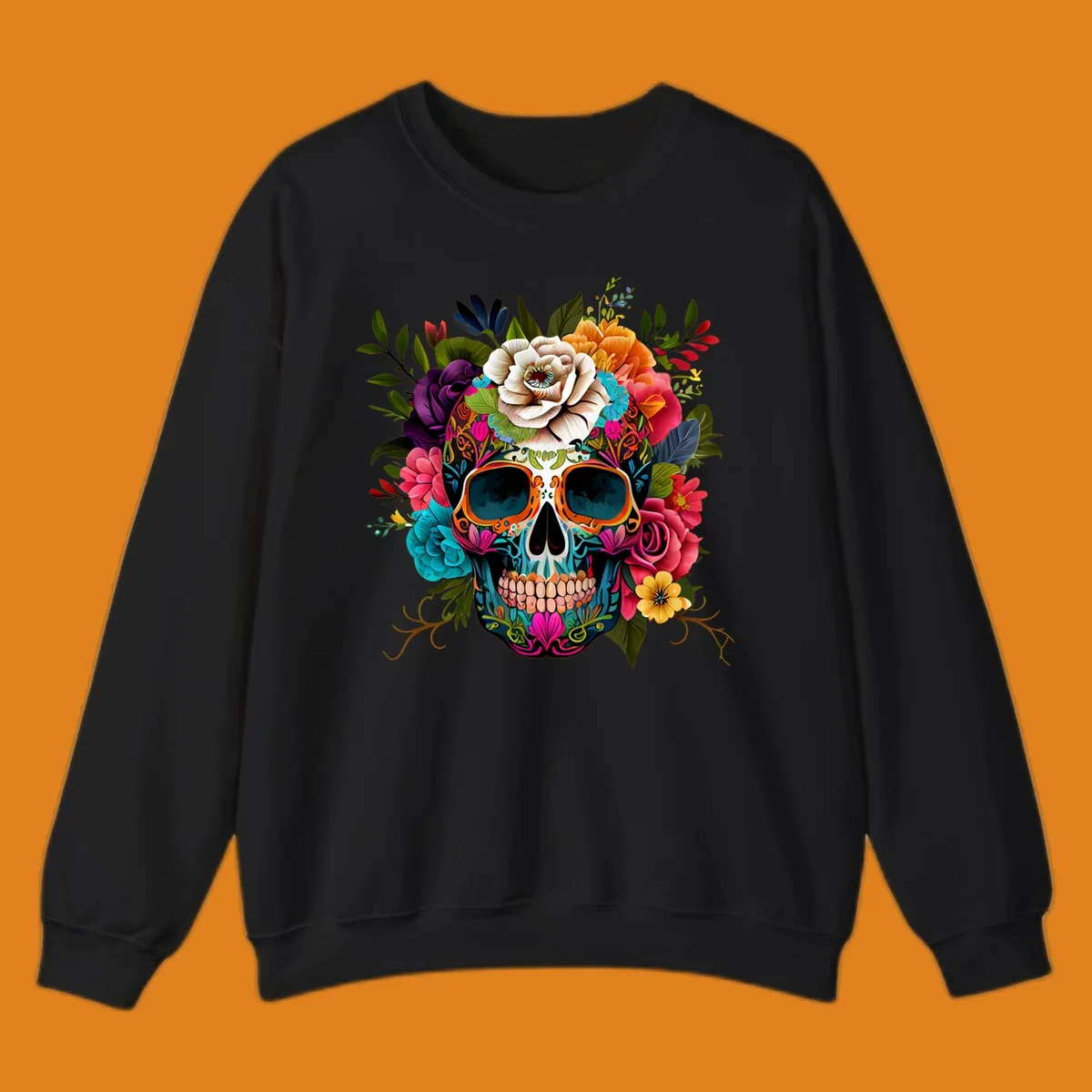 A vibrant floral calavera sugar skull design featuring intricate patterns and a crown of colorful flowers and leaves.