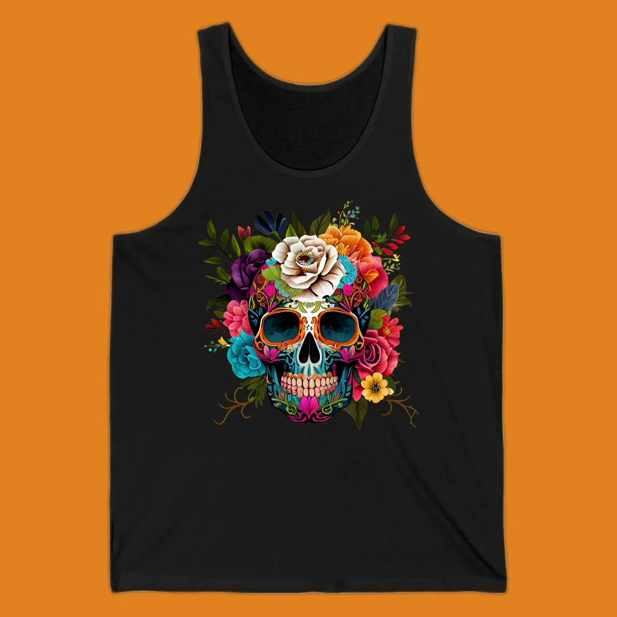 A vibrant floral calavera sugar skull design featuring intricate patterns and a crown of colorful flowers and leaves.
