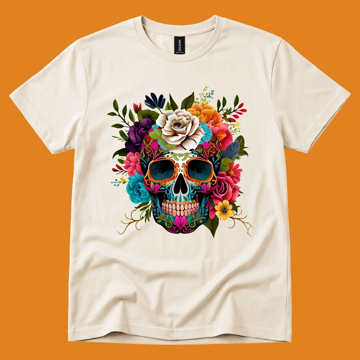 A vibrant floral calavera sugar skull design featuring intricate patterns and a crown of colorful flowers and leaves.