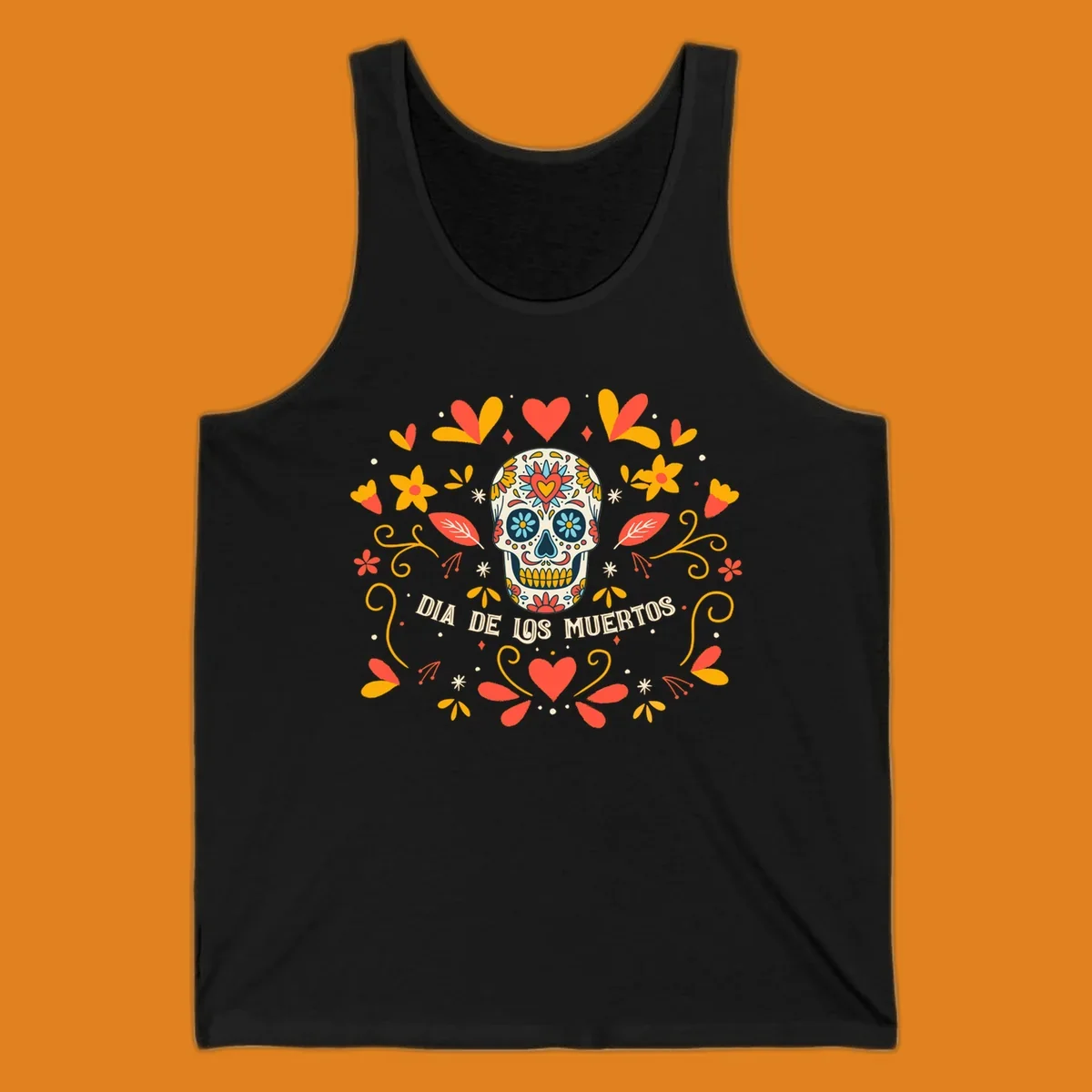 A colorful Día de los Muertos sugar skull with a heart on its forehead, surrounded by a symmetrical frame of red hearts, yellow flowers, and leaves, with 'DIA DE LOS MUERTOS' text below.