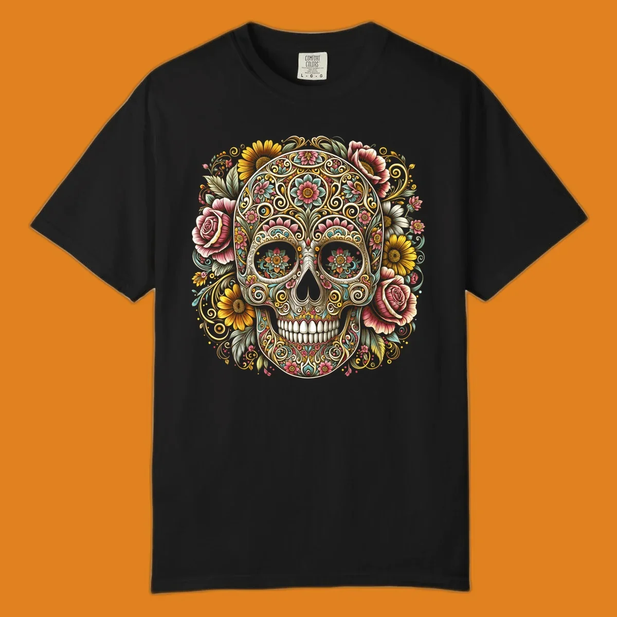An intricately detailed and vibrantly colored floral-calavera-skull design, adorned with flowers and swirling patterns.