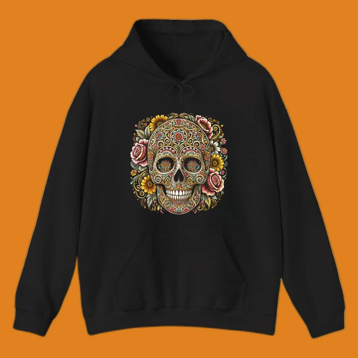 An intricately detailed and vibrantly colored floral-calavera-skull design, adorned with flowers and swirling patterns.