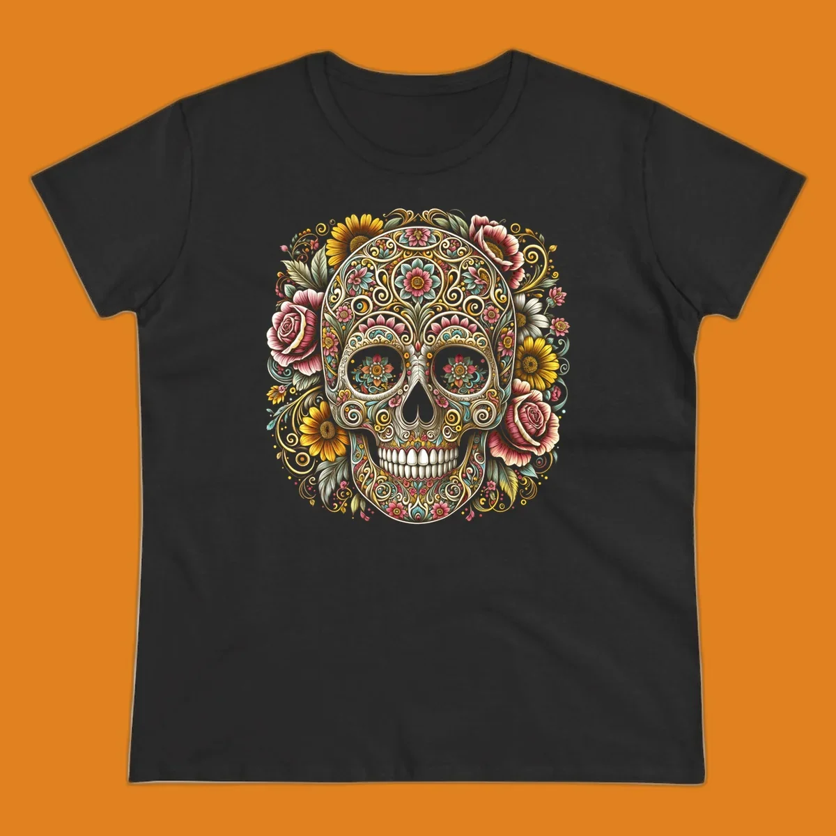 An intricately detailed and vibrantly colored floral-calavera-skull design, adorned with flowers and swirling patterns.