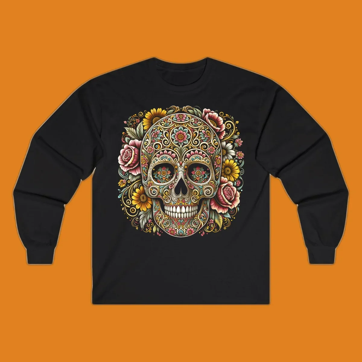 An intricately detailed and vibrantly colored floral-calavera-skull design, adorned with flowers and swirling patterns.