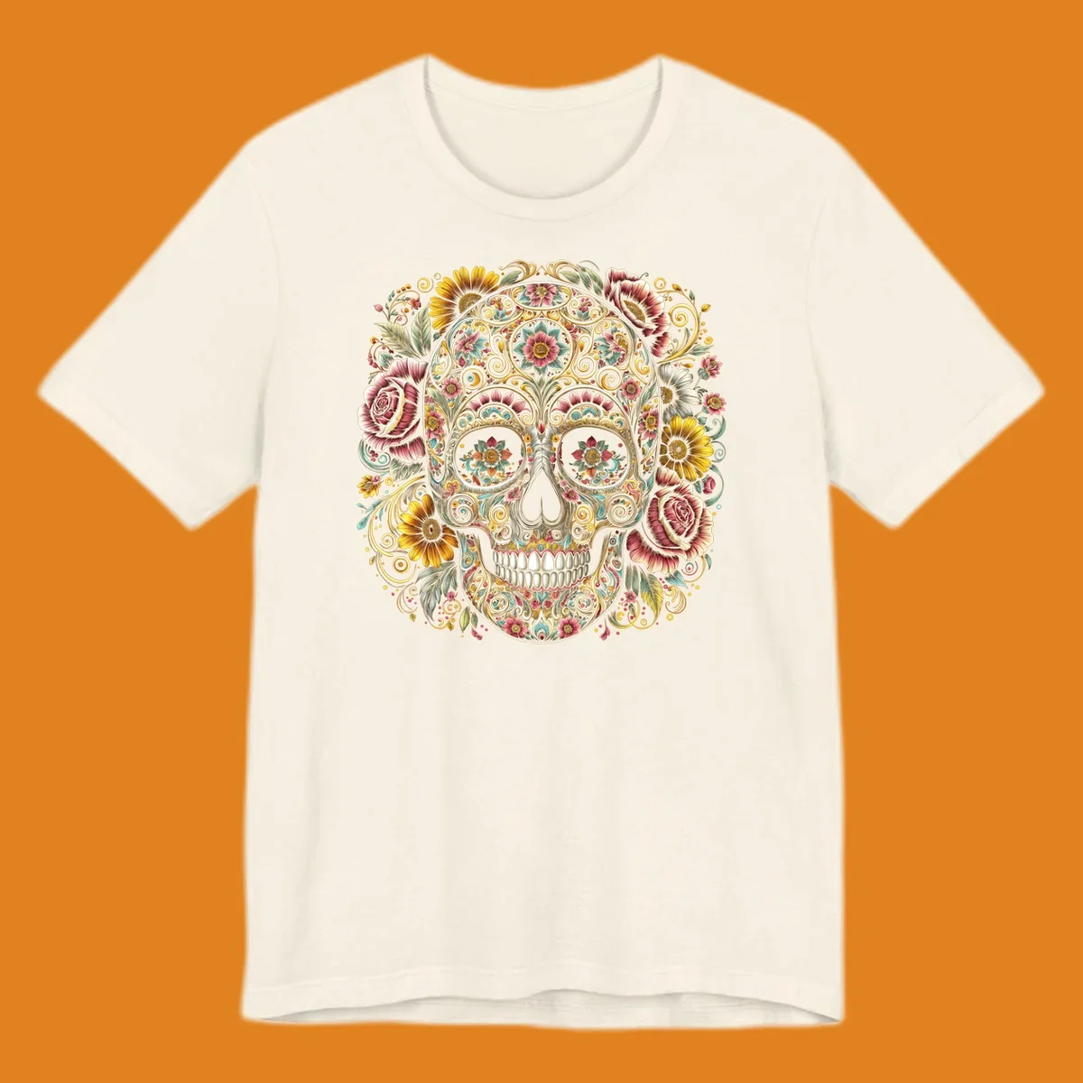 An intricately detailed and vibrantly colored floral-calavera-skull design, adorned with flowers and swirling patterns.