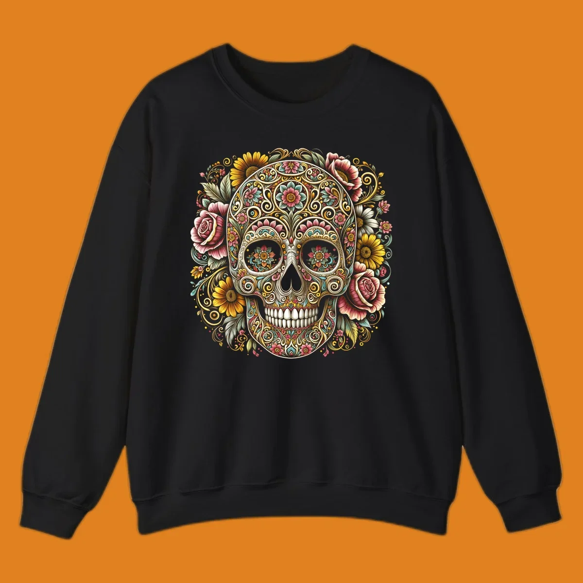 An intricately detailed and vibrantly colored floral-calavera-skull design, adorned with flowers and swirling patterns.