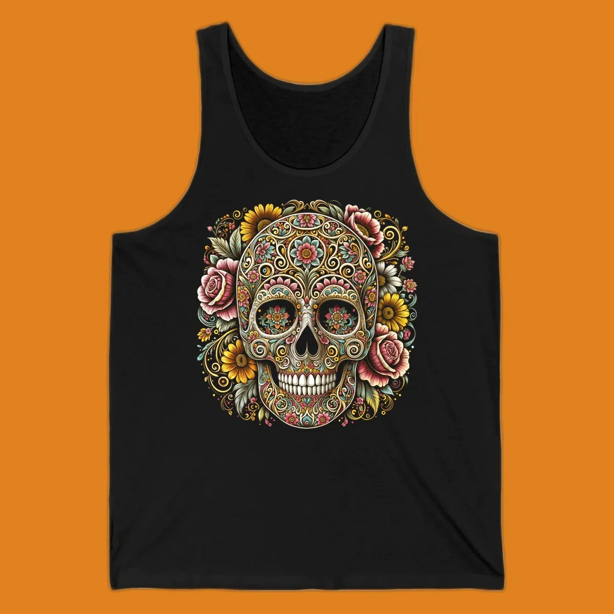 An intricately detailed and vibrantly colored floral-calavera-skull design, adorned with flowers and swirling patterns.