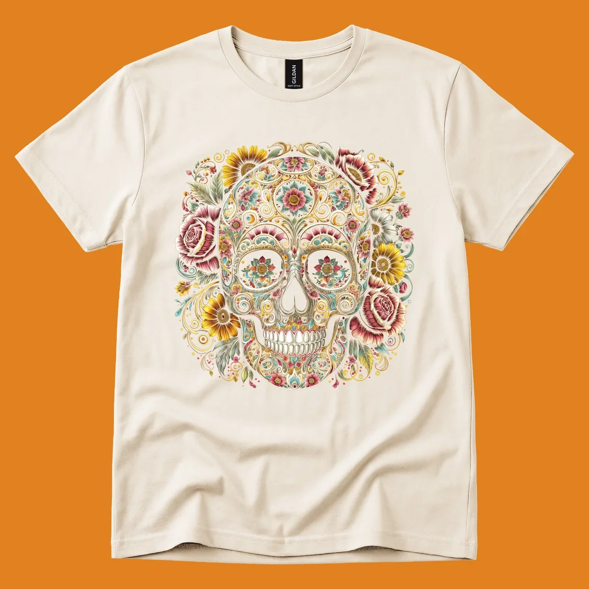 An intricately detailed and vibrantly colored floral-calavera-skull design, adorned with flowers and swirling patterns.