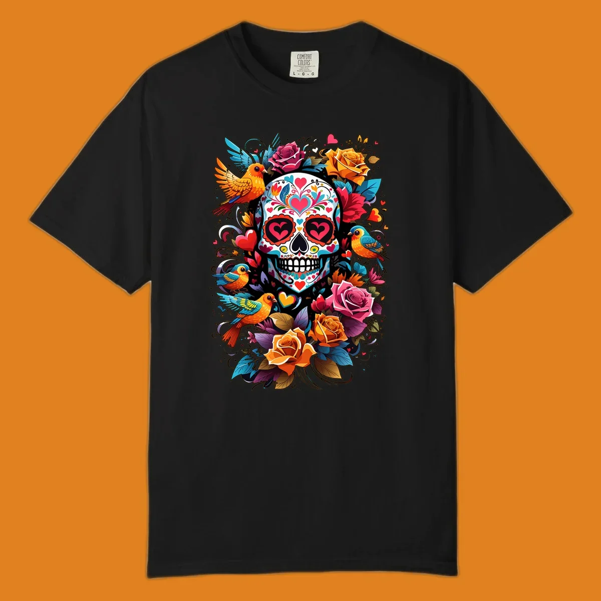 A vibrant folk-art-sugar-skull adorned with colorful hearts, surrounded by cheerful orange and blue birds and blooming roses.