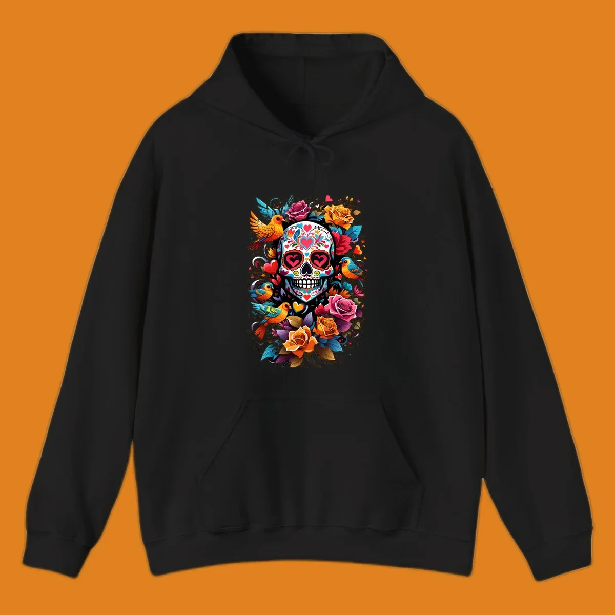A vibrant folk-art-sugar-skull adorned with colorful hearts, surrounded by cheerful orange and blue birds and blooming roses.