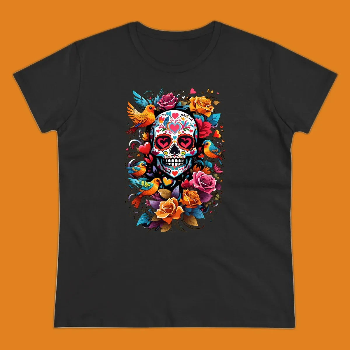 A vibrant folk-art-sugar-skull adorned with colorful hearts, surrounded by cheerful orange and blue birds and blooming roses.