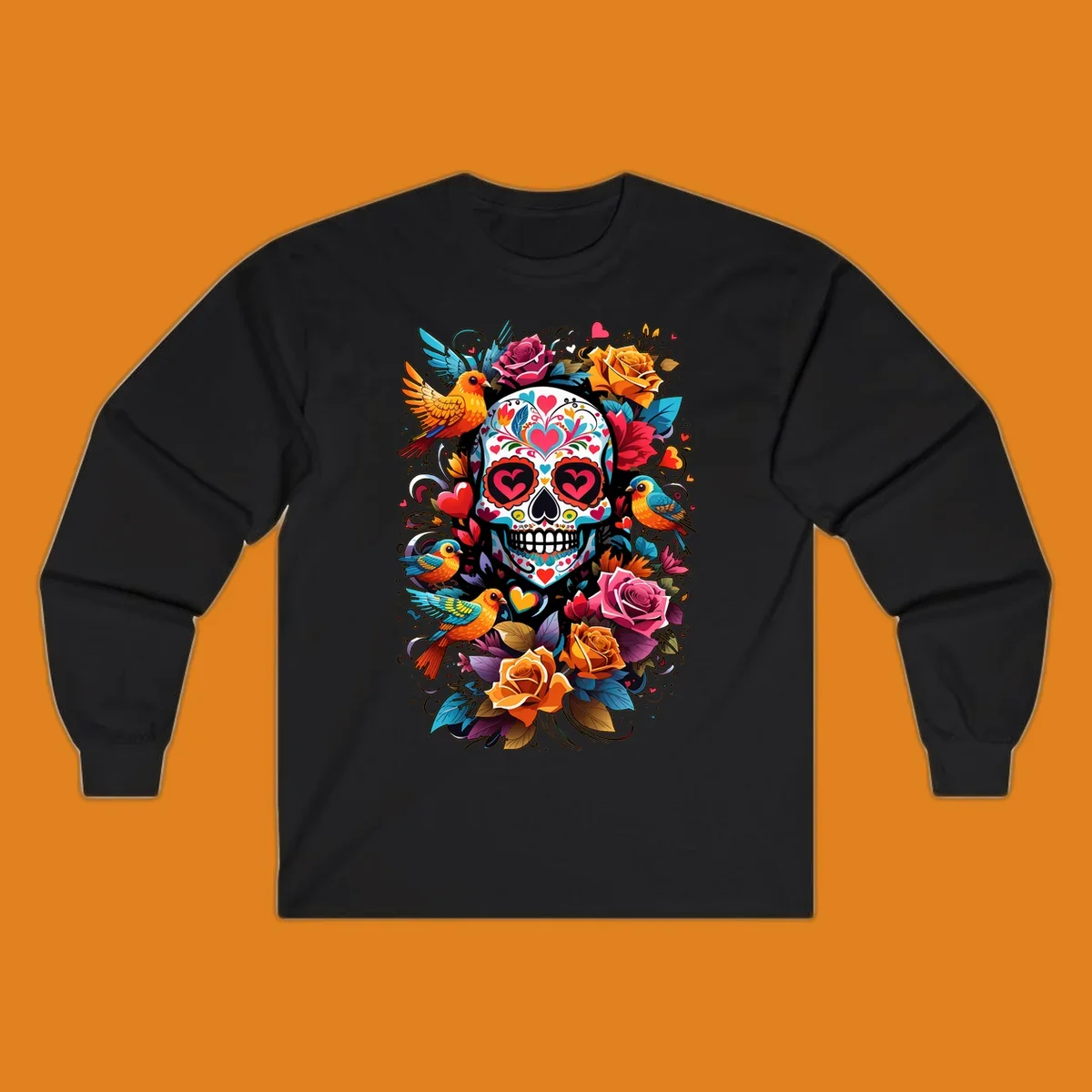 A vibrant folk-art-sugar-skull adorned with colorful hearts, surrounded by cheerful orange and blue birds and blooming roses.
