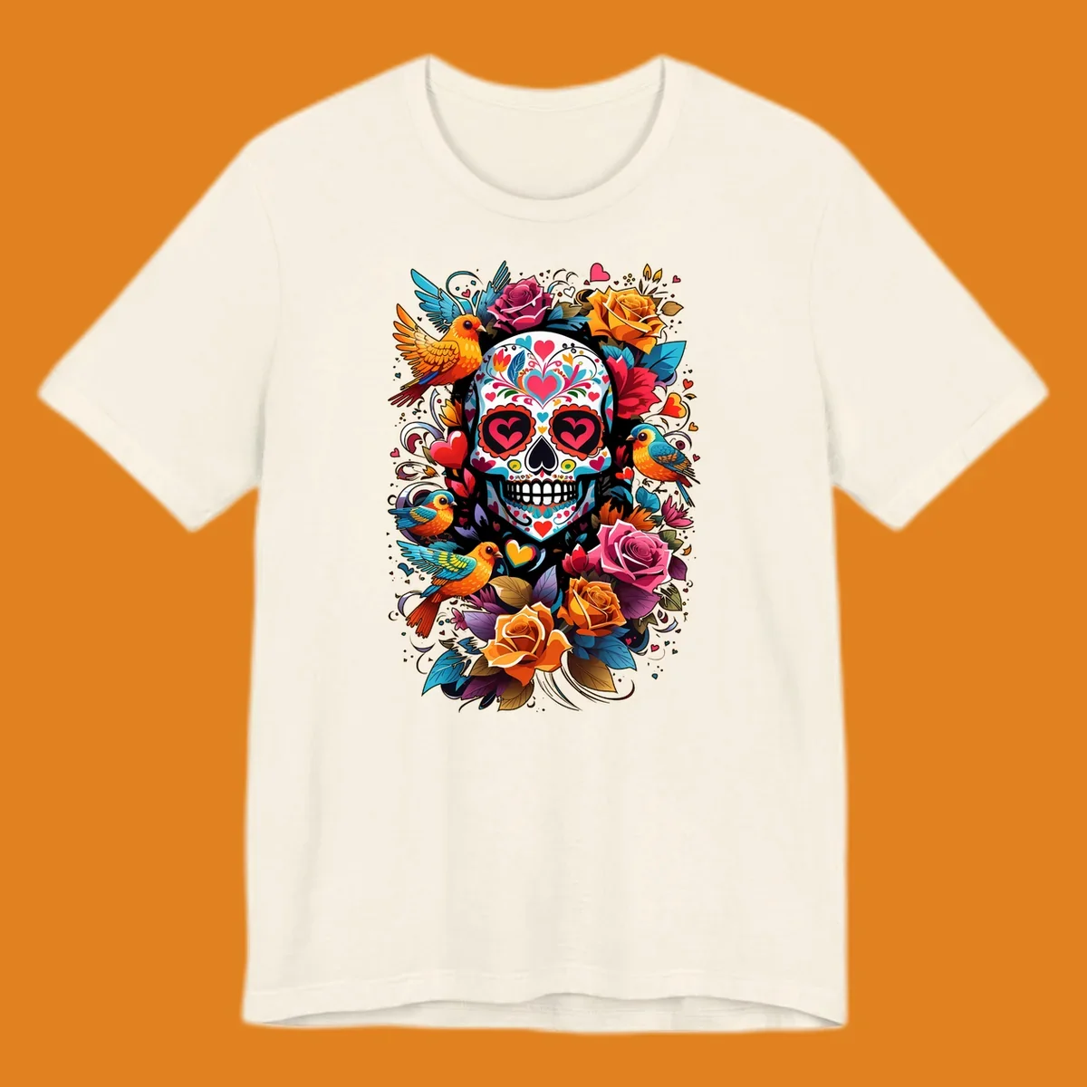 A vibrant folk-art-sugar-skull adorned with colorful hearts, surrounded by cheerful orange and blue birds and blooming roses.