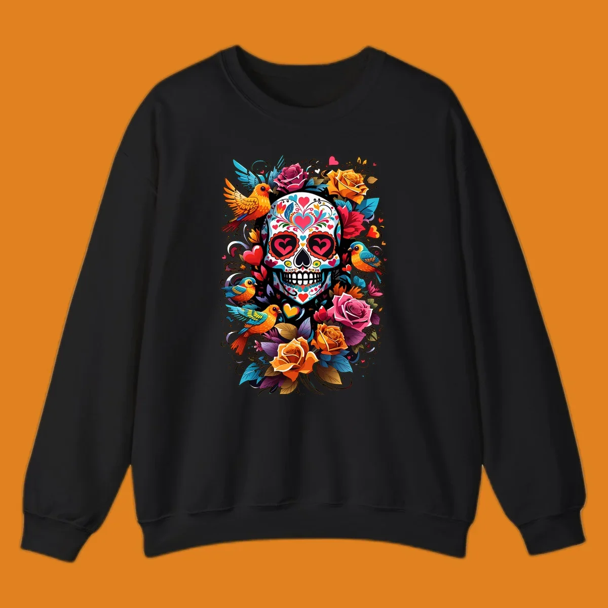 A vibrant folk-art-sugar-skull adorned with colorful hearts, surrounded by cheerful orange and blue birds and blooming roses.