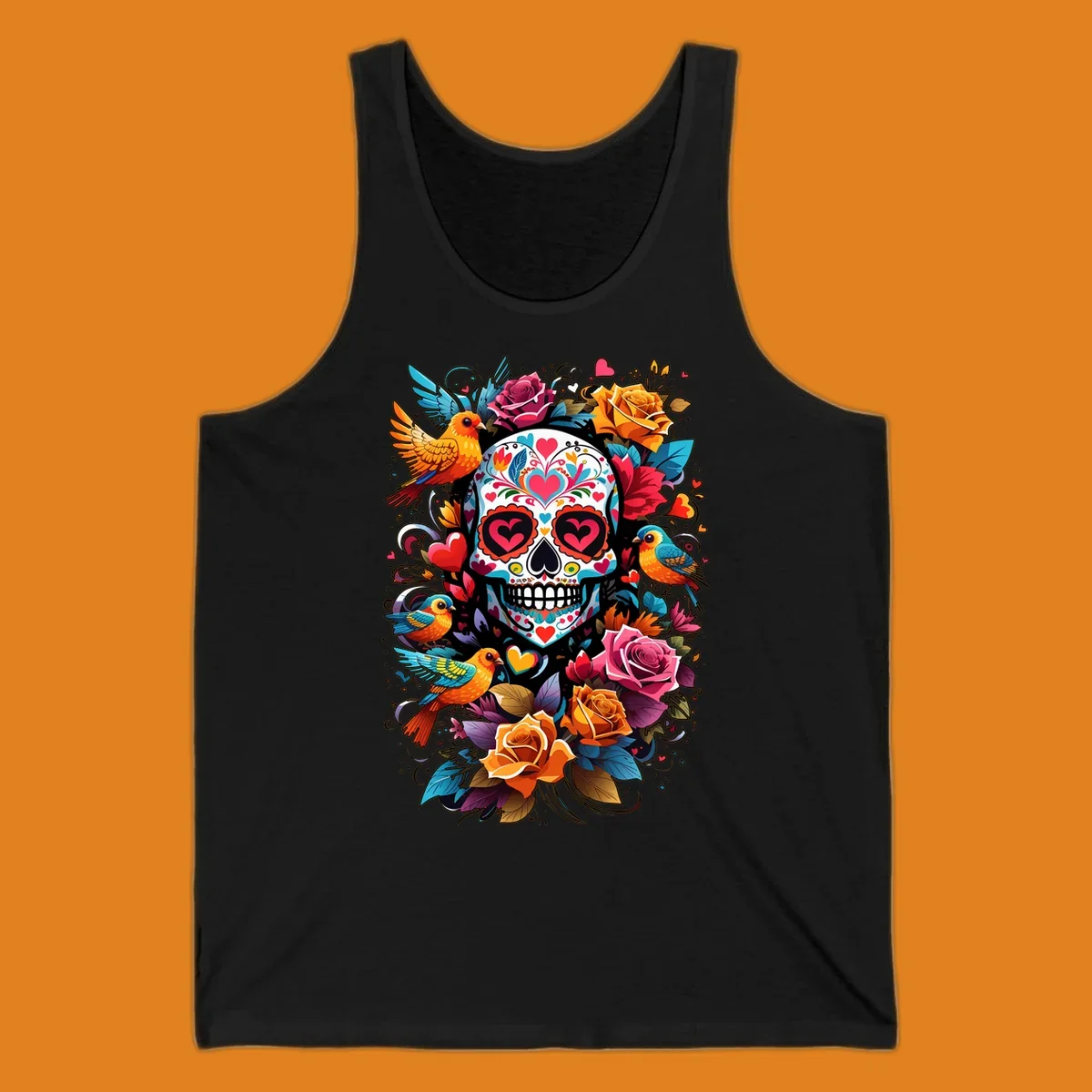 A vibrant folk-art-sugar-skull adorned with colorful hearts, surrounded by cheerful orange and blue birds and blooming roses.