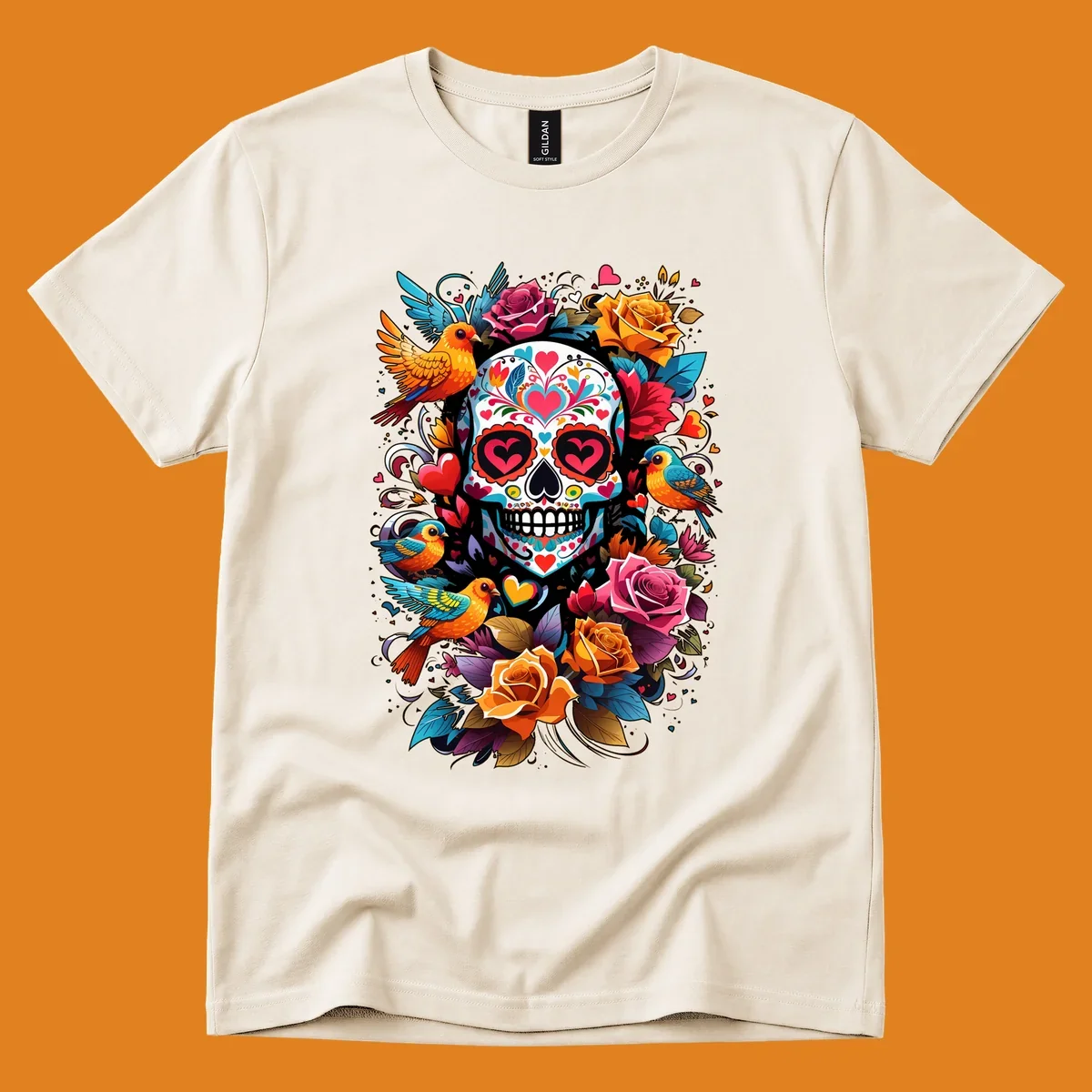 A vibrant folk-art-sugar-skull adorned with colorful hearts, surrounded by cheerful orange and blue birds and blooming roses.