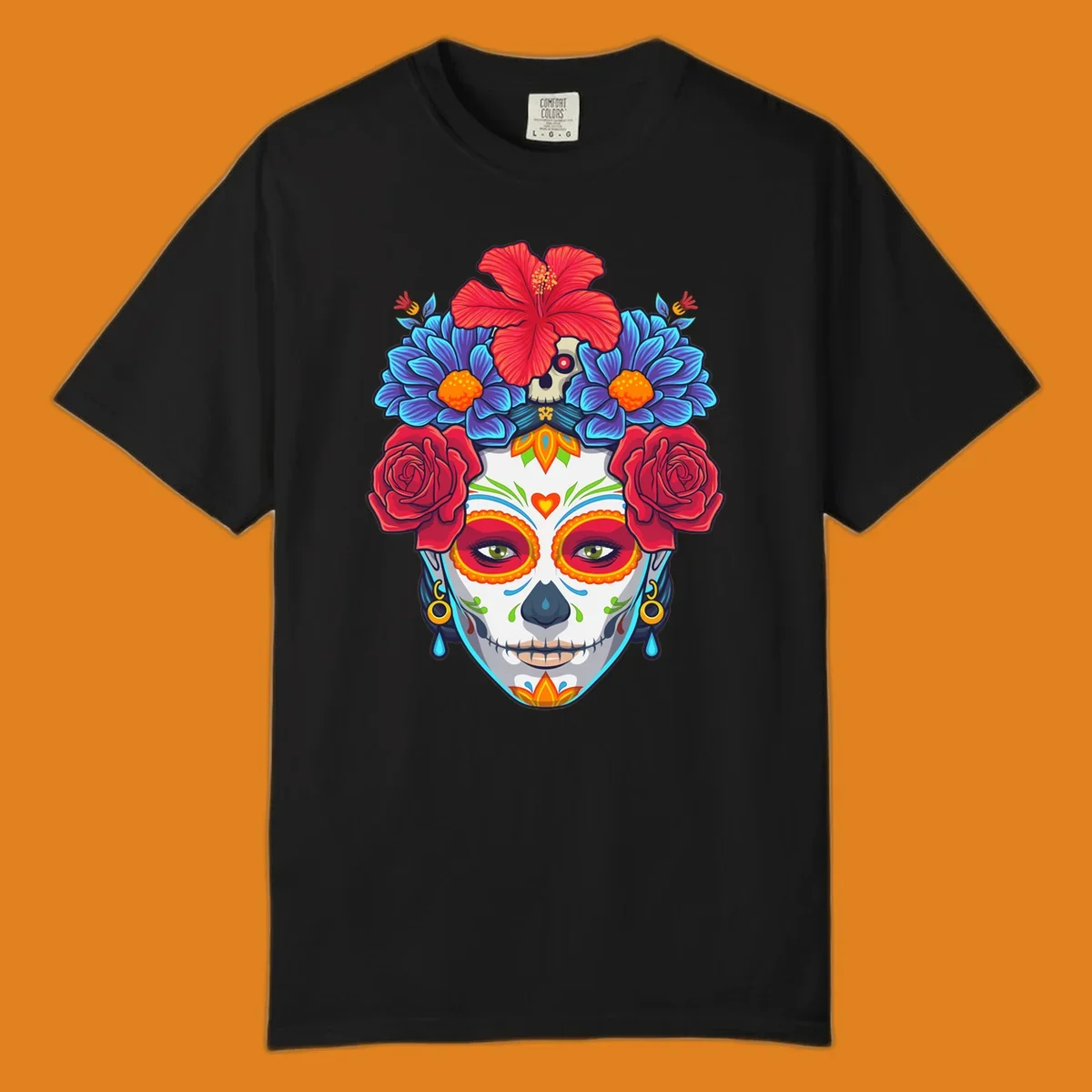 Vibrant floral Calavera Catrina sugar skull illustration with red roses, blue flowers, and a red hibiscus.