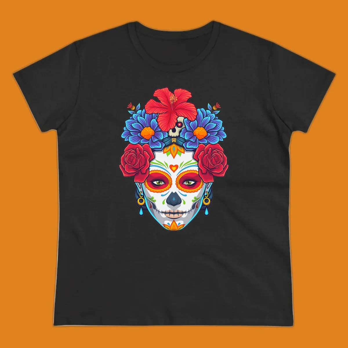 Vibrant floral Calavera Catrina sugar skull illustration with red roses, blue flowers, and a red hibiscus.