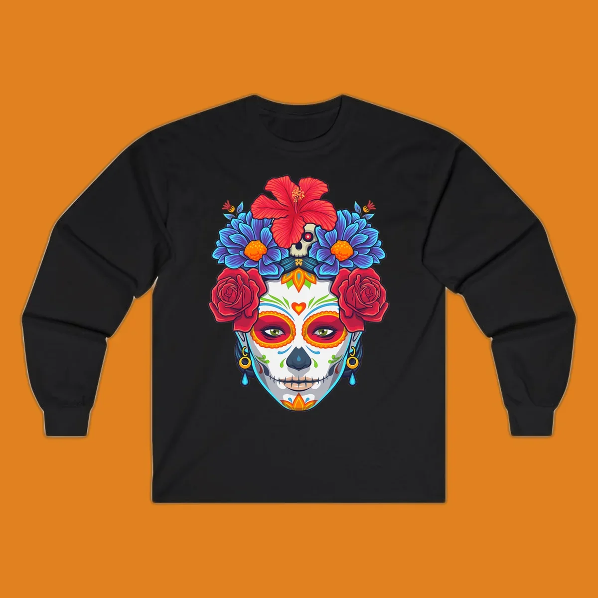 Vibrant floral Calavera Catrina sugar skull illustration with red roses, blue flowers, and a red hibiscus.
