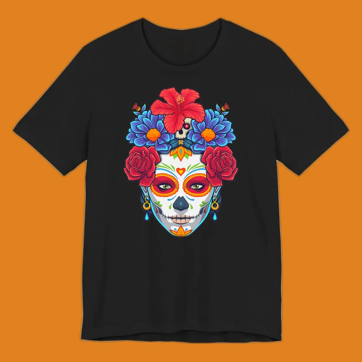 Vibrant floral Calavera Catrina sugar skull illustration with red roses, blue flowers, and a red hibiscus.
