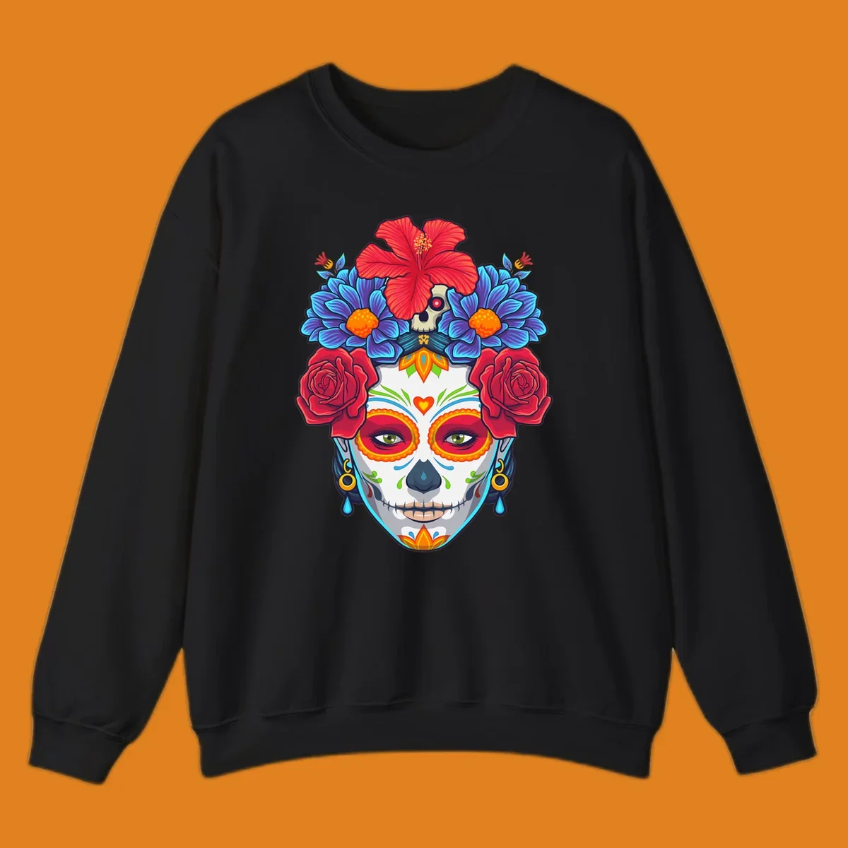 Vibrant floral Calavera Catrina sugar skull illustration with red roses, blue flowers, and a red hibiscus.