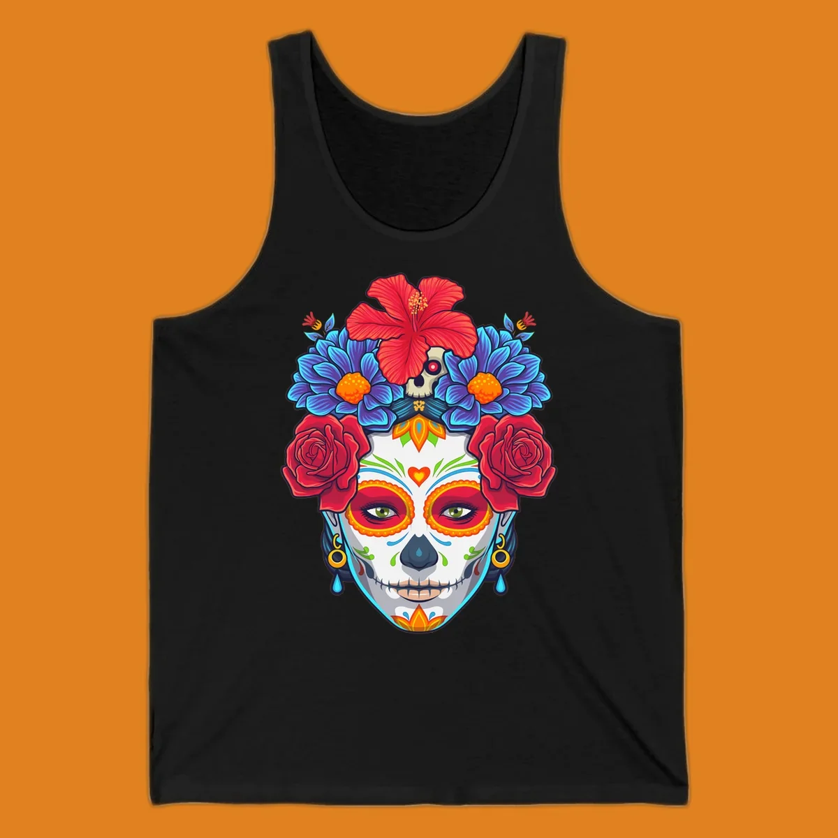 Vibrant floral Calavera Catrina sugar skull illustration with red roses, blue flowers, and a red hibiscus.